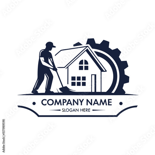 Home maintenance service logo. A worker with tools near a house, enclosed by a gear