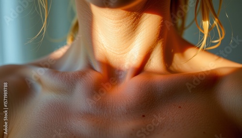 Meditation for new mothers concept. Soft skin illuminated by sunlight, highlighting natural textures and contours.