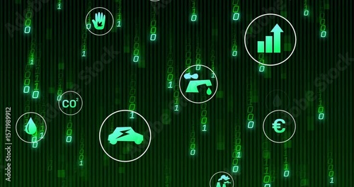 On cascading binary code, floating icons drifting, fading, revealing power icon before dispersing