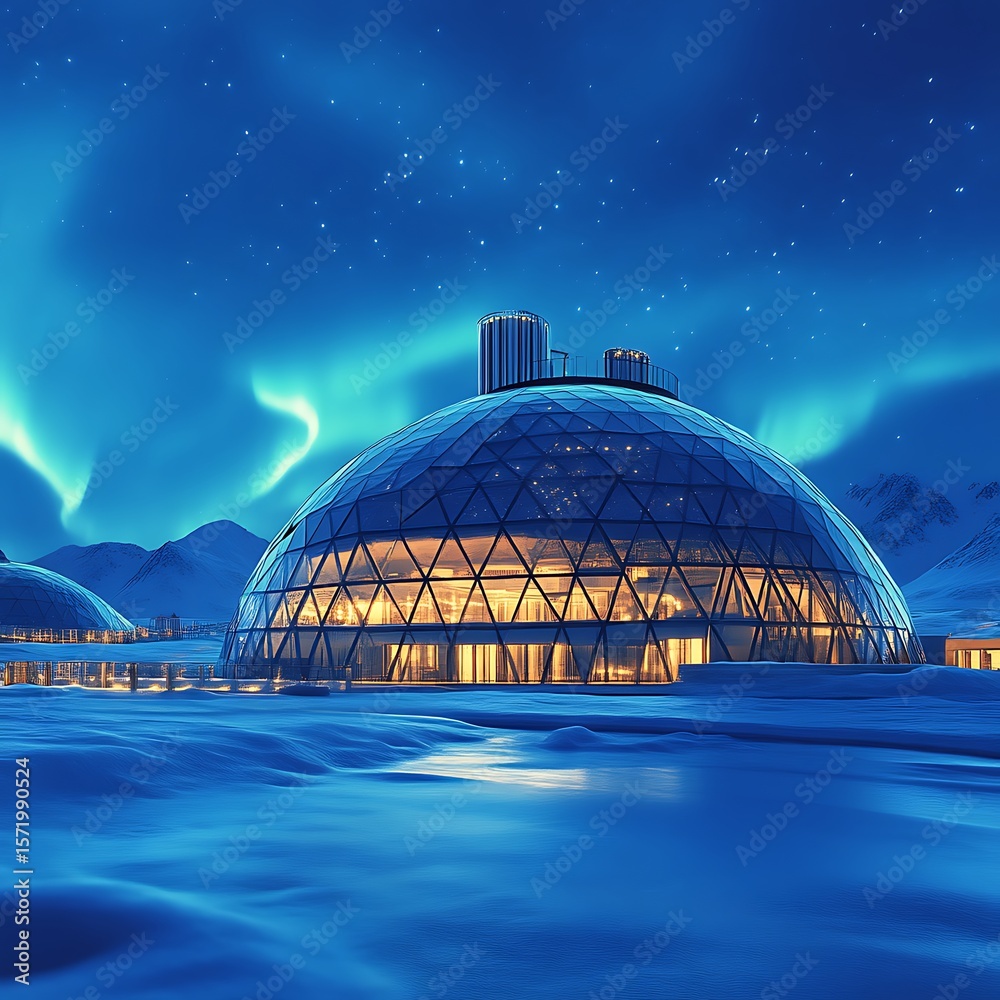 Fototapeta premium Arctic dome hotel under vibrant night sky