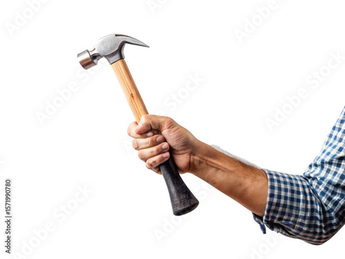 man hand holding hammer isolated on a transparent background