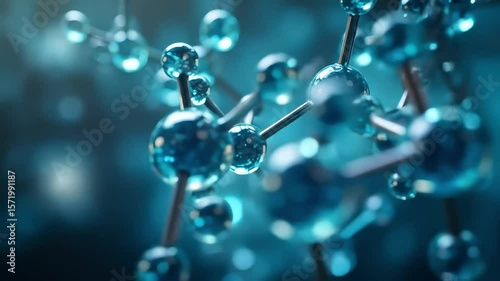 Abstract Blue Molecular Structure Interacting and Rotating in Digital Space with Glowing Bokeh Lights