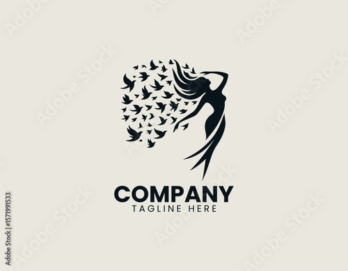 Elegant Woman Metamorphosing into Birds Freedom Transformation Vector Logo Design