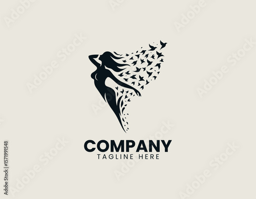Elegant Woman Metamorphosing into Birds Freedom Transformation Vector Logo Design
