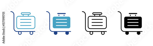 Icon of a suitcase placed on a luggage trolley or airport trolley for travel, baggage, or goods transportation services.