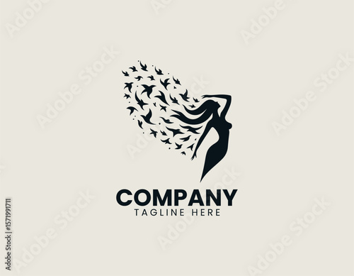 Elegant Woman Metamorphosing into Birds Freedom Transformation Vector Logo Design
