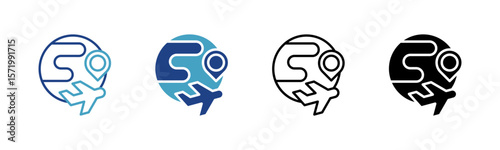 A global travel concept icon or determining the location of a destination on a world map, combining elements of a world map, location pins, and airplanes.