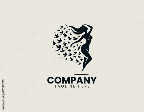 Elegant Woman Metamorphosing into Birds Freedom Transformation Vector Logo Design