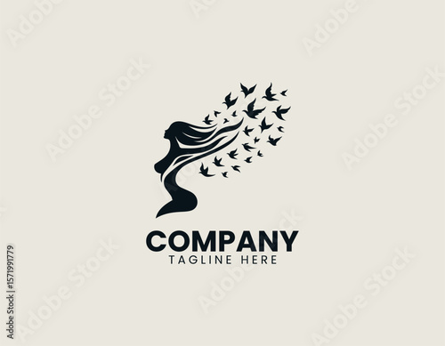 Elegant Woman Metamorphosing into Birds Freedom Transformation Vector Logo Design