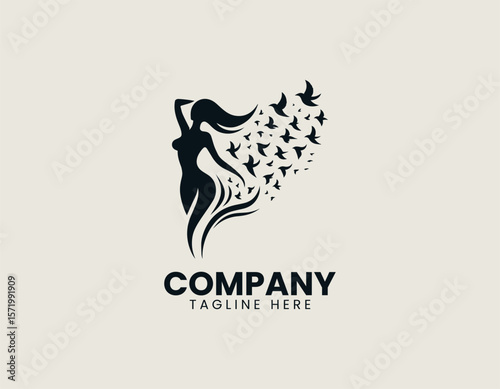 Elegant Woman Metamorphosing into Birds Freedom Transformation Vector Logo Design