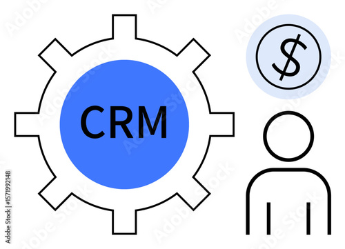 Central gear labeled CRM with adjacent user figure and dollar sign, highlighting customer management, revenue growth, and business operations. Ideal for CRM systems, sales, strategy, customer