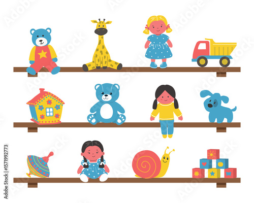 Toys on Shelves. Car, Teddy Bears, Dolls, Snail, House, Dog, Giraffe, Cubes, other items. Toys for Little Children. Vector Illustration on White