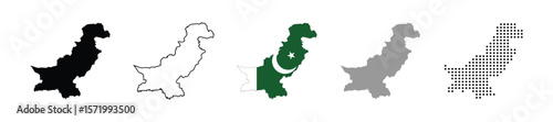 Pakistan map with flag illustration. Different variations of national map of pakistan. Dotted and Grayscale map of pakistan.