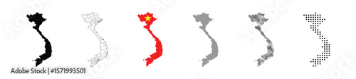 Set of political maps of Vietnam with regions and flag map isolated on white background. Grayscale and dotted map of vietnam.