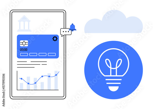 Mobile banking app interface with credit card details, notification, chart, light bulb icon for ideas, and cloud backdrop. Ideal for finance, innovation, tech, analytics cloud computing fintech