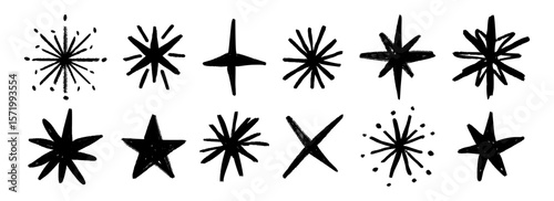 Black crayon hand drawn stars set. Childish doodled sparks and sparkles collection. Grunge rough brush stroke starry element pack for collage, poster, sticker. Pencil sketched shine symbols. Vector