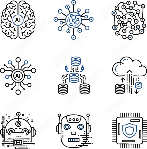 Blockchain, Artificial Intelligence, and Cloud Computing Vector Icons