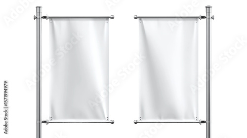 Two vertical white banner flags hang on metallic poles isolated on transparent background.