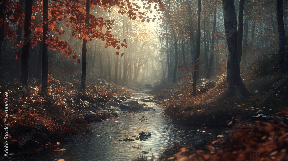 Fototapeta premium Stream through autumn woods for wallpaper