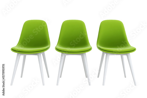 3D Render three green chairs with white legs on a white background