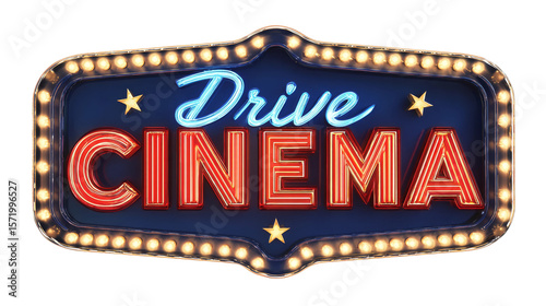 Illuminated sign displays drive cinema wording with star accents against a transparent backdrop.
