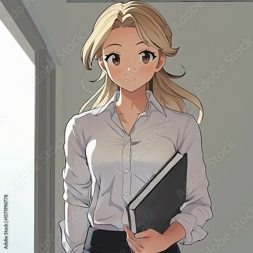 Young Woman in White Shirt Holding Black Book, Soft Lighting