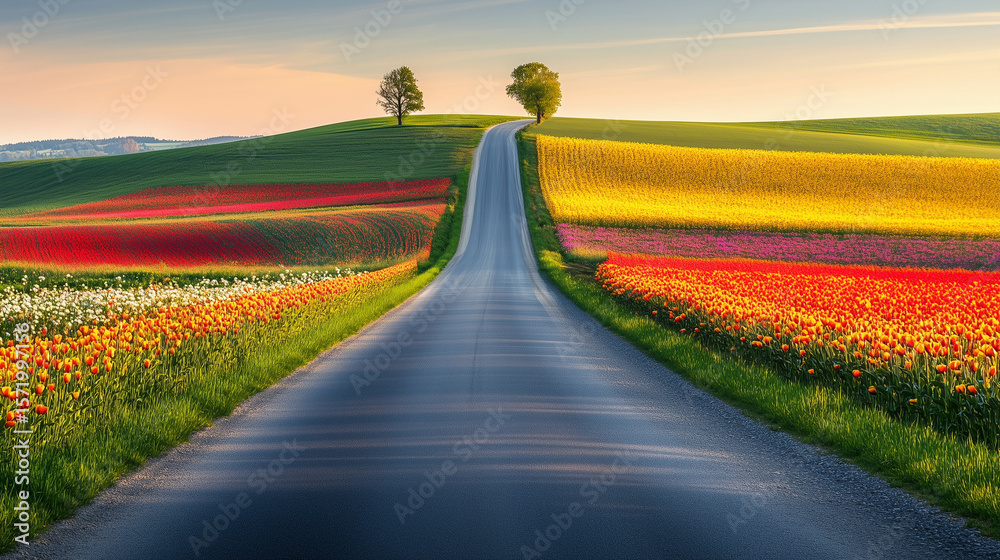 Naklejka premium Road between flower fields for wallpaper, day light