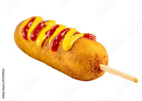 Classic corn dog served with mustard and ketchup on a transparent background. Perfect PNG for food displays.
