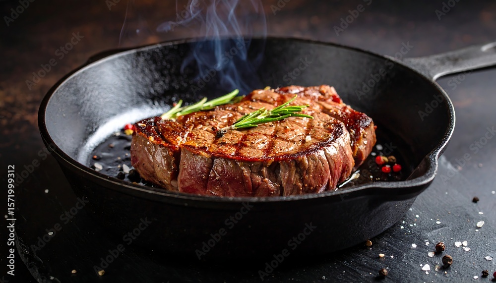 Fototapeta premium Sizzling steak in cast iron pan