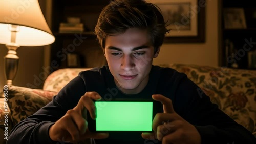 Teenager Engaged in Video Game at Night