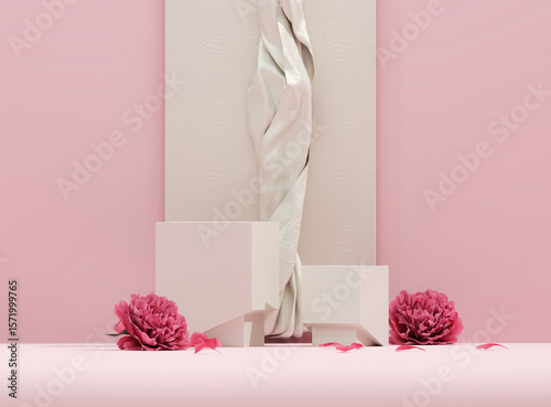 Elegant Pink Peony Flower Bouquet in Minimal Geometric Vase on Pastel Background – Romantic Spring Floral Still Life