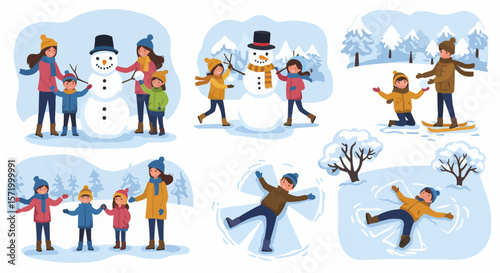 Kids playing in snow – winter outdoor activities with snowmen and snow angels.