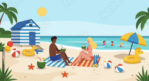 People relaxing at the beach – summer vacation scene with umbrellas, sea, and sunbathing.