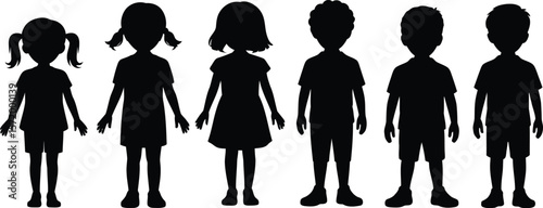 Diverse group of children silhouettes standing together on white background