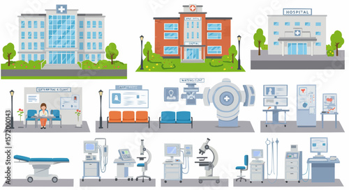 Modern hospital building – exterior and interior scenes of healthcare facility and staff.