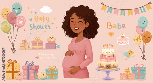 Pregnant woman at baby shower – celebration with decorations and gifts for expecting mother.
