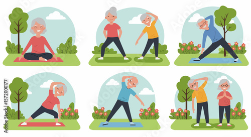 Senior citizens walking in park – wellness and mobility activity for elderly people.