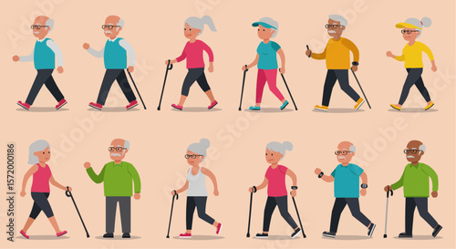 Elderly couple walking together – active seniors doing fitness or outdoor activity.