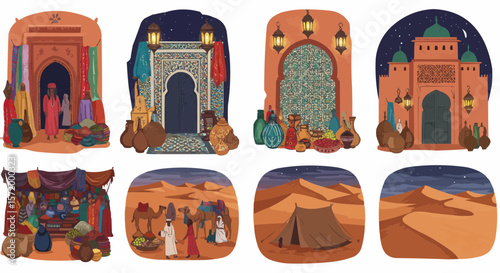 Middle Eastern architecture – colorful decorative palace doors and arches.