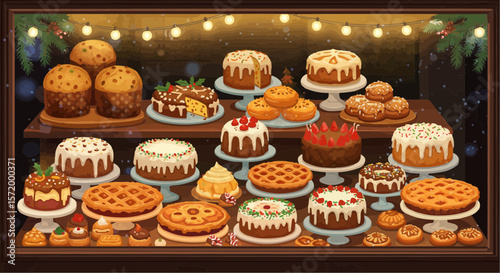 Table full of desserts and cakes – festive pastry and bakery assortment.