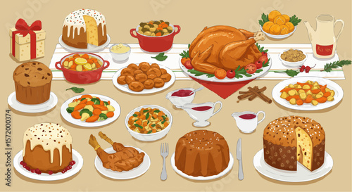 Traditional Thanksgiving meal – roast turkey, stuffing, and side dishes feast.