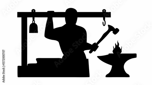 Silhouette of a blacksmith working at the anvil with hammer and fire in a traditional workshop scene
