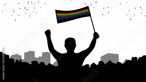 Silhouette of person holding rainbow flag at a pride parade with cityscape in the background and confetti