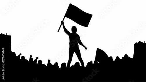 Silhouette of a person holding a flag above a crowd with buildings in the background depicted in black and white