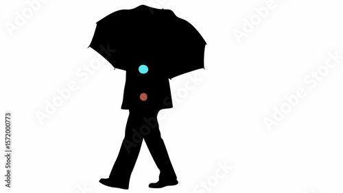 Silhouette of a person walking with an umbrella with two colored circles on the upper body area