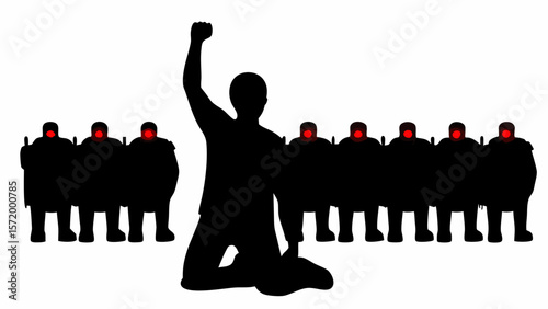 Silhouette of a protester raising fist against a line of riot police with red lights on their helmets