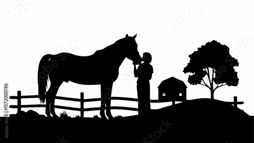 Silhouette of a horse and person near a fence with a barn and tree in the background on a white background