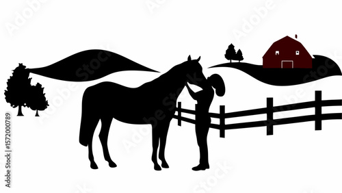 Silhouette of a horse and person near a fence with a barn and trees in the background on a farm land