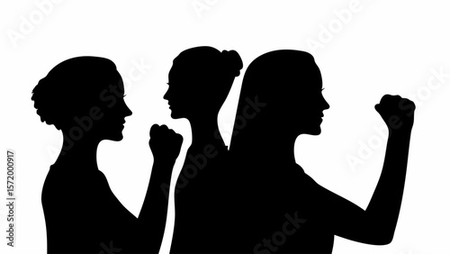 Silhouette of three women with fists raised in solidarity and empowerment in black and white image