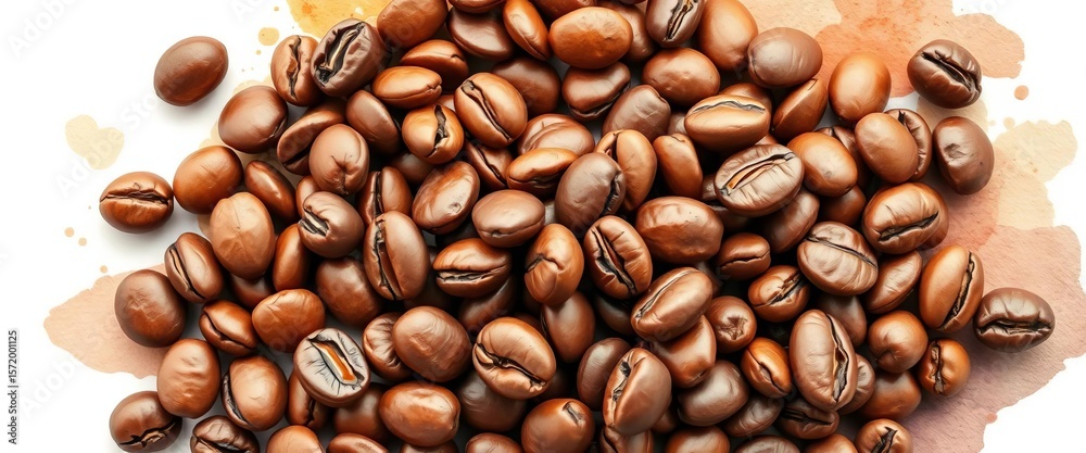 Fototapeta premium Vibrant watercolor painting of coffee beans, showcasing rich browns and subtle shading, macro, food